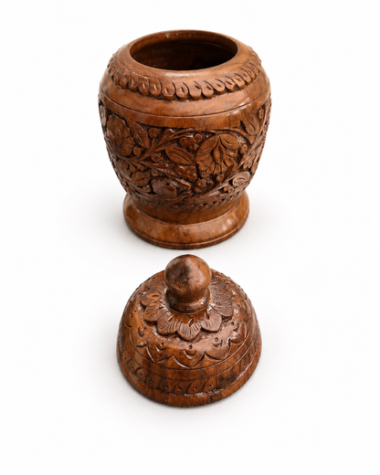 Hand-Carved Wooden Decorative Jar with Lid | Walnut & Resin