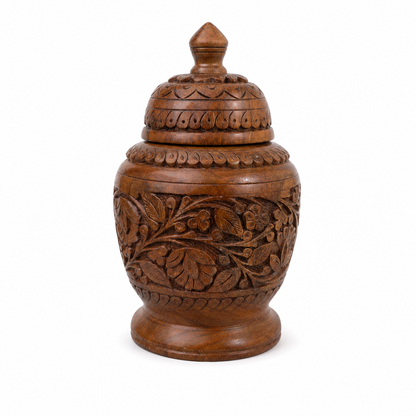 Hand-Carved Wooden Decorative Jar with Lid | Walnut & Resin