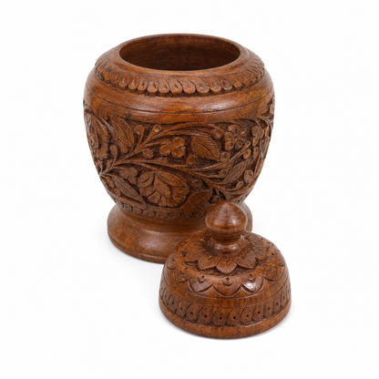 Hand-Carved Wooden Decorative Jar with Lid | Walnut & Resin